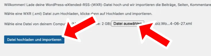 Wordpress Importdatei auswählen