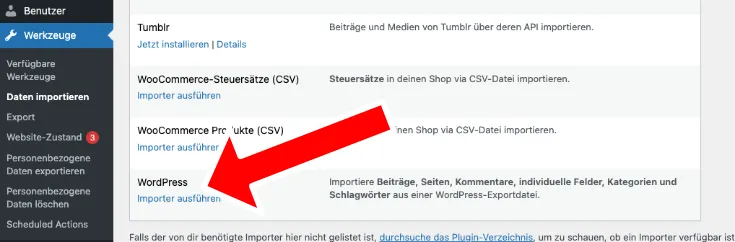 Wordpress Importer ausführen