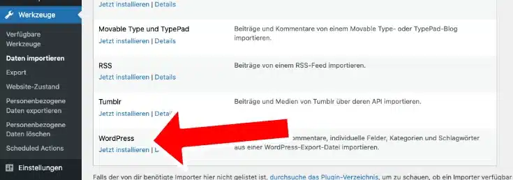 Wordpress Importer installieren