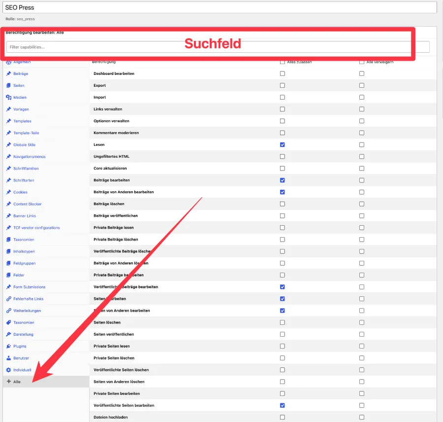 Alles auswählen im Members Plugin